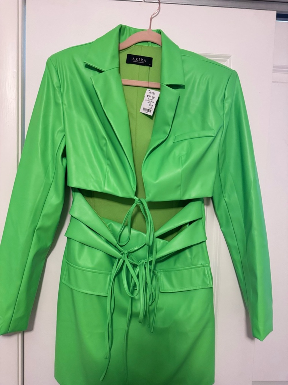 AKIRA Bright Green Faux-Leather Cutout Tie-Front Blazer